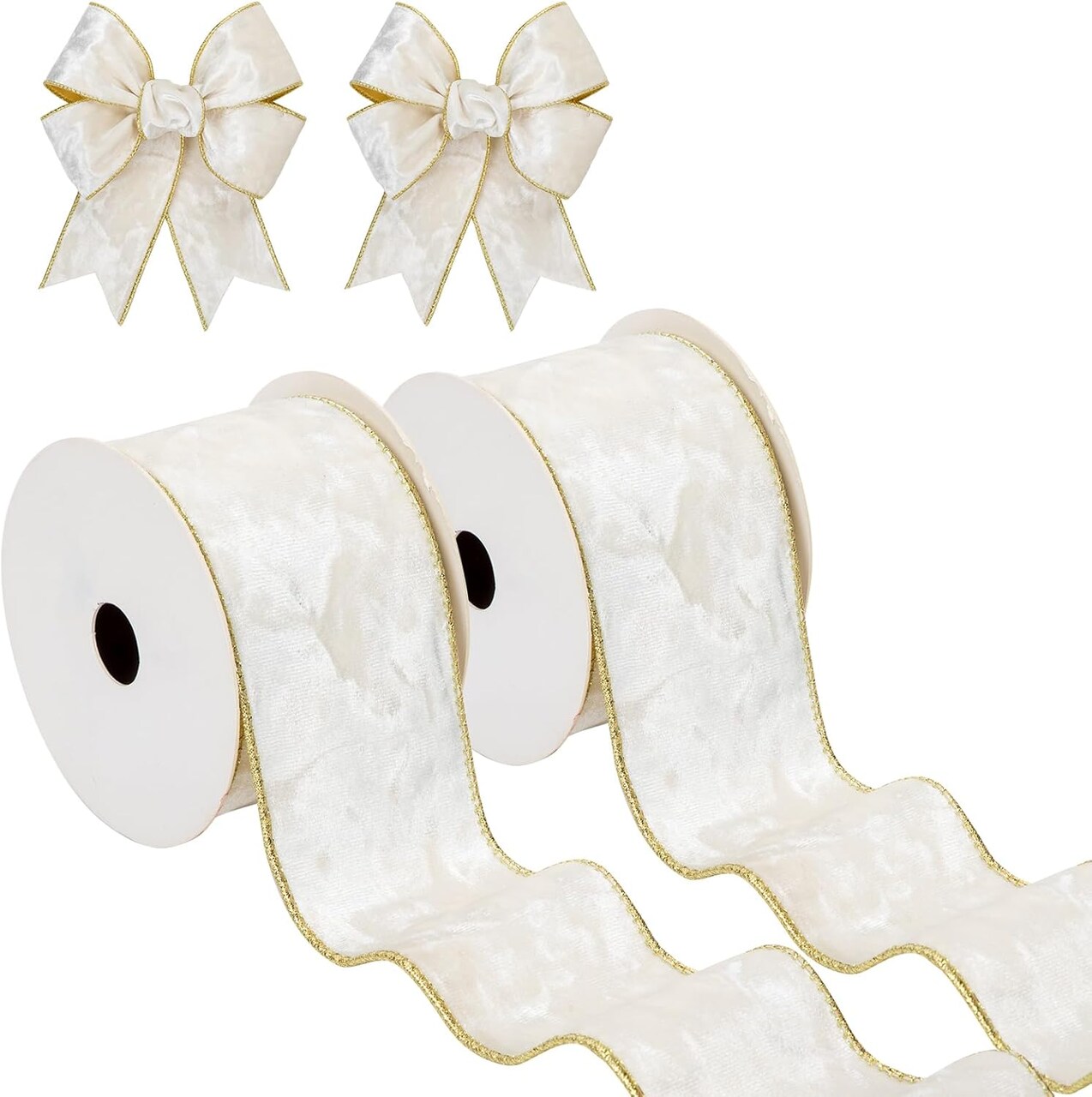 White and Gold Velvet Christmas Ribbon 2.5 Inch Christmas Tree Ribbon with Metallic Wired Edge Velvet Ribbon for Gift Wrapping Wreaths Garland Big Bow Crafts Supplies(2 Rolls, 20 Yards)